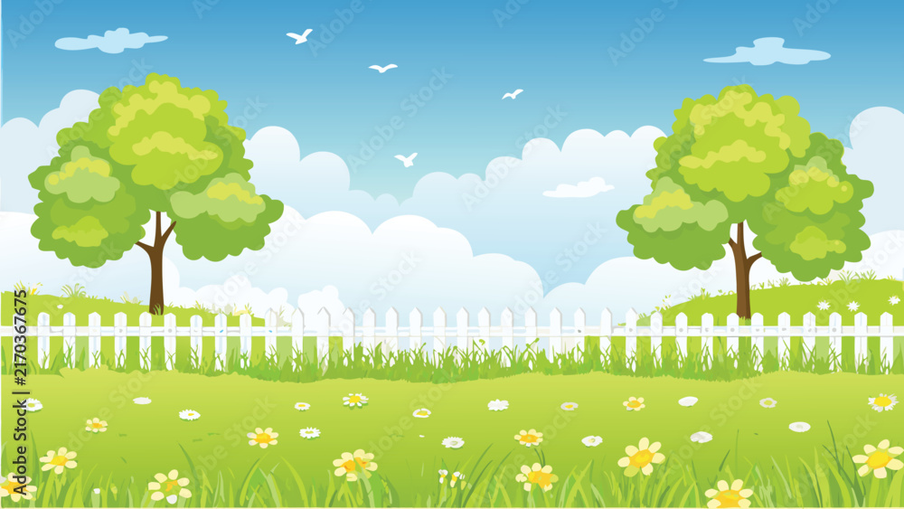 Naklejka premium Green meadow with white picket fence and trees under a blue sky