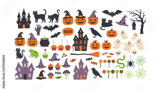 Quadro su tela Halloween vector element collection set with spooky haunted house pumpkin lanter