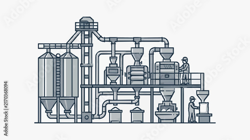 Modern Industrial Grain Processing Plant with Workers and Machinery