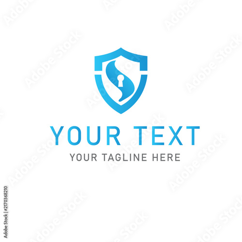 Blue shield with protection and security icons. Abstract vector logo design. Corporate brand identity template for agency branding and safety symbols.