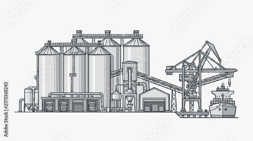 Industrial Bulk Material Handling Facility with Silos and Cargo Ship