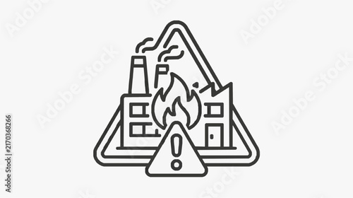 Industrial Hazard Warning Icon with Factory Fire and Pollution Smoke