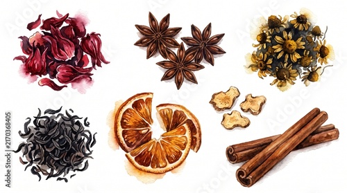 Watercolor botanical spices and dried herbs collection, a vibrant illustration of natural ingredients for tea, cooking, and aromatherapy, featuring star anise, cinnamon sticks