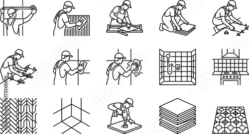Professional Tiling Construction and Flooring Installation Process Line Icon Set Featuring Workers Measuring Cutting Grouting Drilling Cleaning Bathroom and Kitchen Tiles