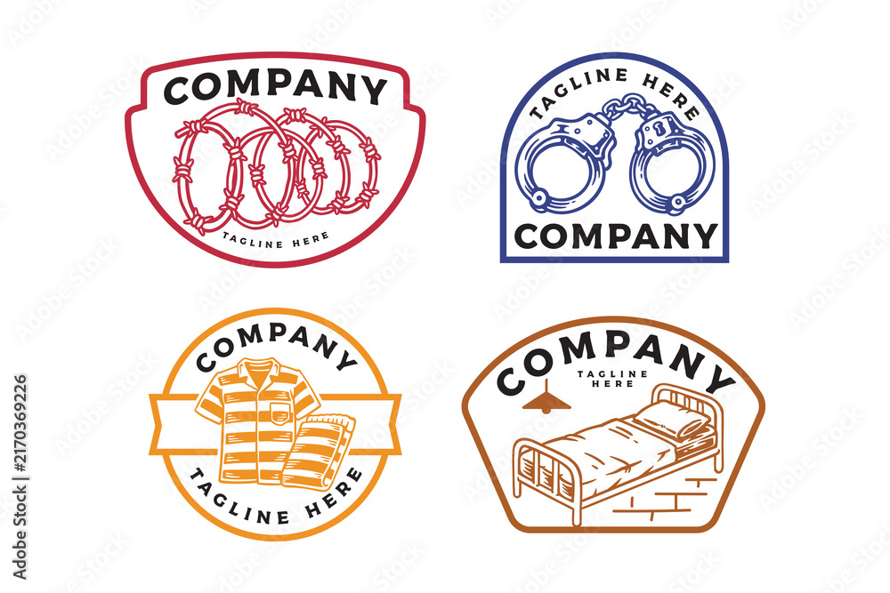 Fototapeta premium Handcuffs, barbed wire, inmate uniform and cell bed retro badge logo design set. Jail security themed vintage patch symbol pack. Incarceration and correctional facility rustic emblem elements