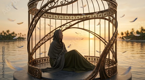 Faceless mysterious figure draped in flowing dark fabric sits serenely inside an ornate metal cage while white feathers float gently during a beautiful golden sunset