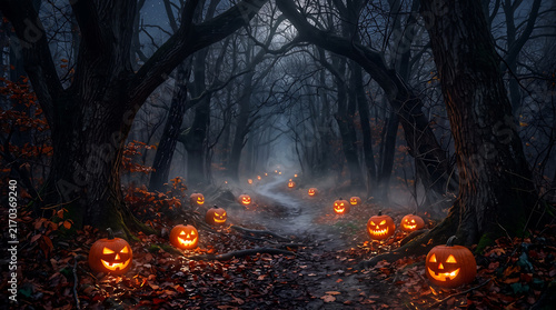 Glowing jack-o-lanterns along a misty forest path at night for Halloween background