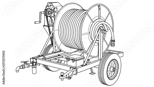 Irrigation hose reel machine on white background.