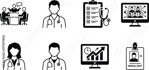 Hospital management and medical staff training solid black glyph icon set featuring online healthcare conference administrative workspace vector