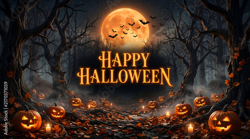 Happy Halloween typography with glowing jack-o-lanterns and full moon in a spooky forest