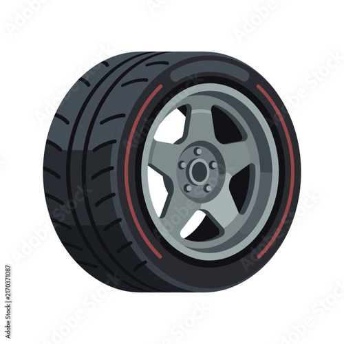 A vector illustration of a modern car tire with a metallic rim.