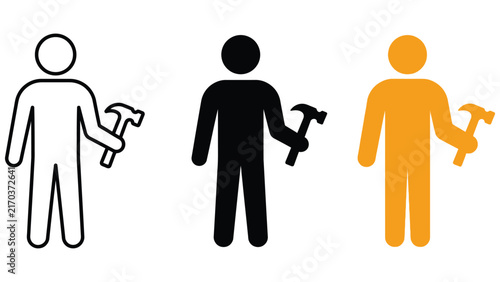 Three of a person holding a hammer, presented in outline, solid black, and solid orange styles on a clean white background
