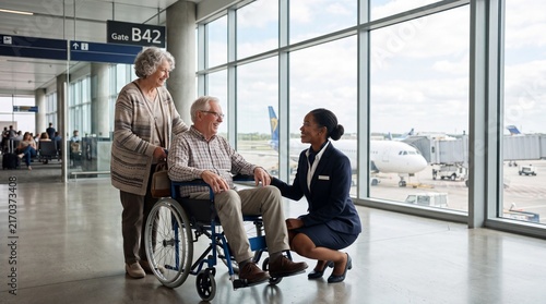 Senior caucasian man in wheelchair with wife speaking to airline attendant. Ground staff providing mobility aid service to elderly travelers at departure gate.