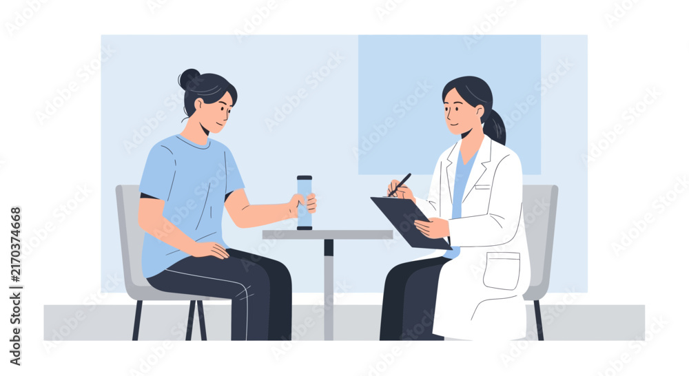 Fototapeta premium Doctor Consults Patient Holding Medication Bottle Isolated Transparent Background