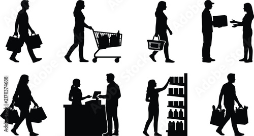 Black silhouettes of shoppers carrying bags, pushing carts, exchanging boxes, and purchasing items at checkout representing retail shopping activities