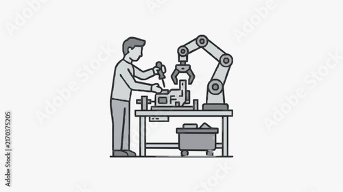 Professional Engineer Collaborating with Industrial Robot Arm in Manufacturing