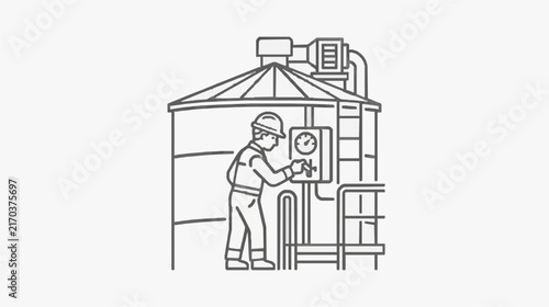 Industrial Worker Monitoring Pressure Gauge in Utility Room