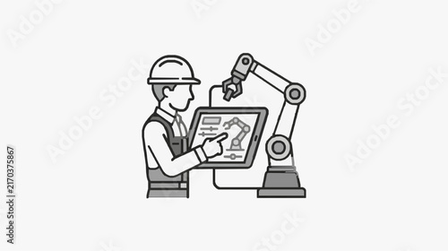 Industrial Engineer Monitoring Robot Arm with CAD Design on Tablet