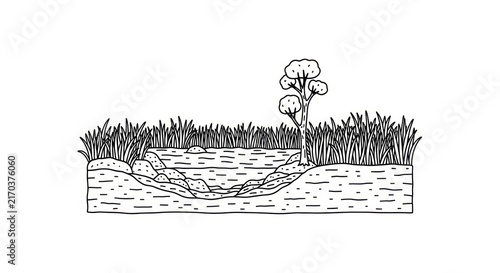 Obraz na plátně Erosion of riverbank with grass and tree.