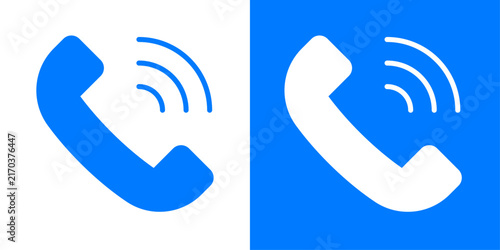 Minimal telephone handset icons with wireless signal waves in contrasting blue and white styles, representing calls, communication, mobile connectivity, and customer service.