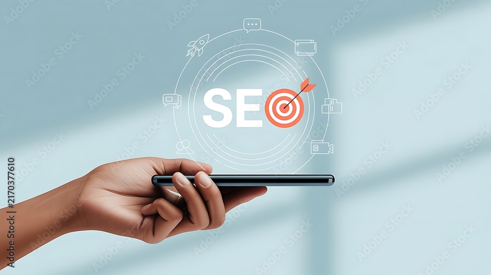 Obraz premium Digital Strategy for Search Engine Optimization Success on Mobile Devices, Achieving Online Visibility and Business Growth with Futuristic Interface