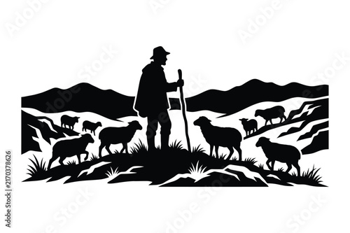 Shepherd with staff and flock of sheep grazing in mountainous landscape