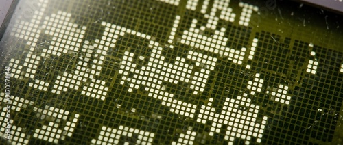Pixelated green digital display screen with blurred glowing block elements for retro gaming interface or data visualization usage.