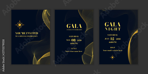 Elegant gala night invitation card template set with golden lines. Premium wave curves for corporate event, VIP celebration, and formal party design.