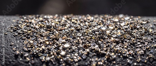 Microscopic electronic components pile gold silver tiny circuit parts on dark texture illustrates hardware waste recycling process.