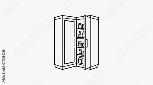 Modern Minimalist Line Drawing of Open Kitchen Pantry Organizer with Bottles