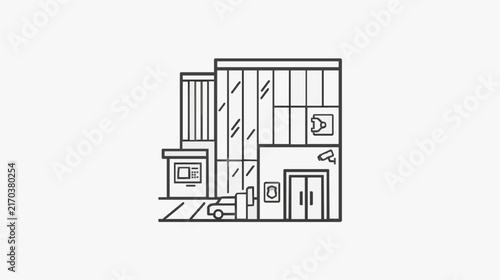 Minimalist Line Drawing of Modern Office Interior with Workspace and Storage