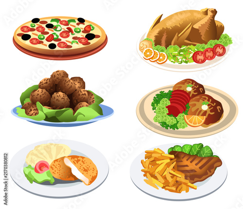 Delicious Food Illustration Collection with Pizza, Roast Chicken, Meatballs, Steak and Seafood