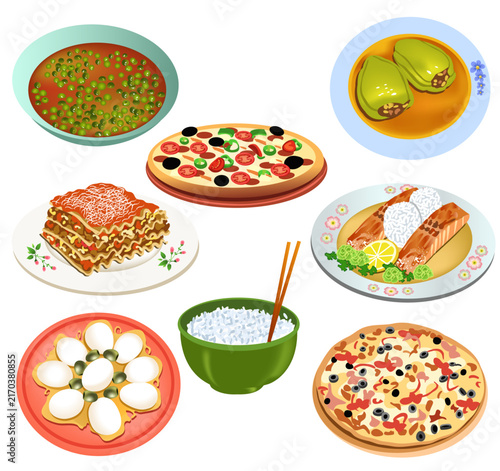 Traditional Asian Food Collection with Pizza, Rice and Dumplings