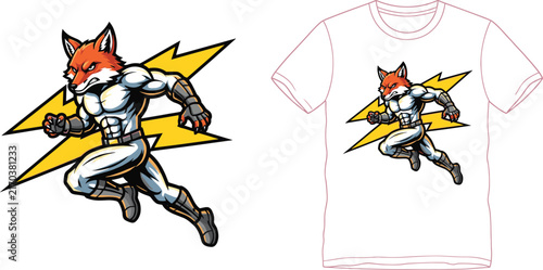 Aggressive Fox Superhero Mascot Graphic Design Running with Yellow Lightning Bolts for Esports Gaming and Streetwear T Shirt Apparel Prints
