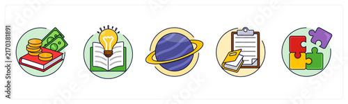 A set of 5 mix icons as Scholarship, general knowledge, planet