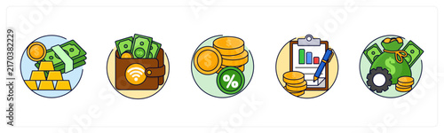 A set of 5 mix icons as Wealth, E-Wallet, Currency Rate