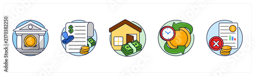 A set of 5 mix icons as savings account, Loan, home loan