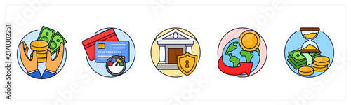 A set of 5 mix icons as Credit Union, credit-score, Secure Banking