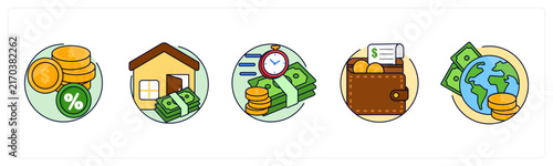 A set of 5 mix icons as Currency Rate, home loan, fast transfer
