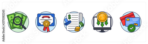A set of 5 mix icons as Search Money, Presantation board, Loan