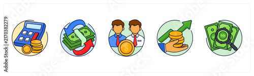 A set of 5 mix icons as financial calculator, Cash Flow, Joint Account