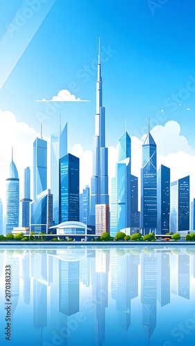 Modern city skyline with skyscrapers and waterfront view.
