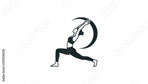 Woman Practicing Yoga Warrior Pose Crescent Moon Background