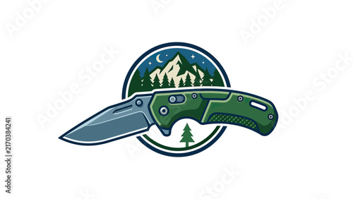 Folding Knife Emblem with Mountain Landscape and Pine Trees
