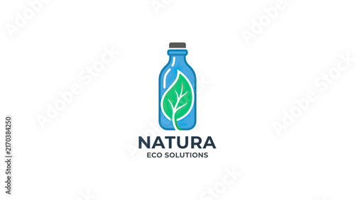 Natura Eco Solutions Logo: Blue Bottle with Green Leaf Icon