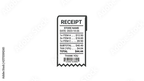 Simple Receipt Icon with Itemized List and Total Amount