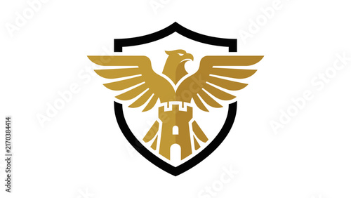 Golden Eagle Crest Emblem On Shield With Castle