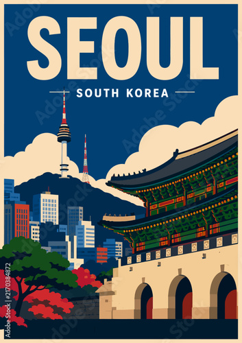 _0100-22-Seoul, south korea cityscape featuring historical gwanghwamun gate and modern namsan tower