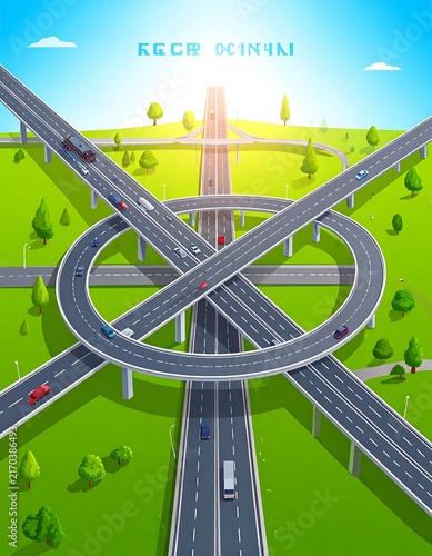 Modern highway interchange with blue overpass at sunset.