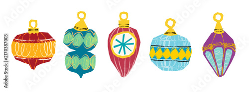 Set of Christmas ornaments in paper cut collage style,  Holiday baubles vector element set for winter celebration, Christmas, New Year, greeting cards, invitations, birthday party, gift